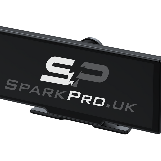 Black car mount with Spark Pro.UK logo on a white background